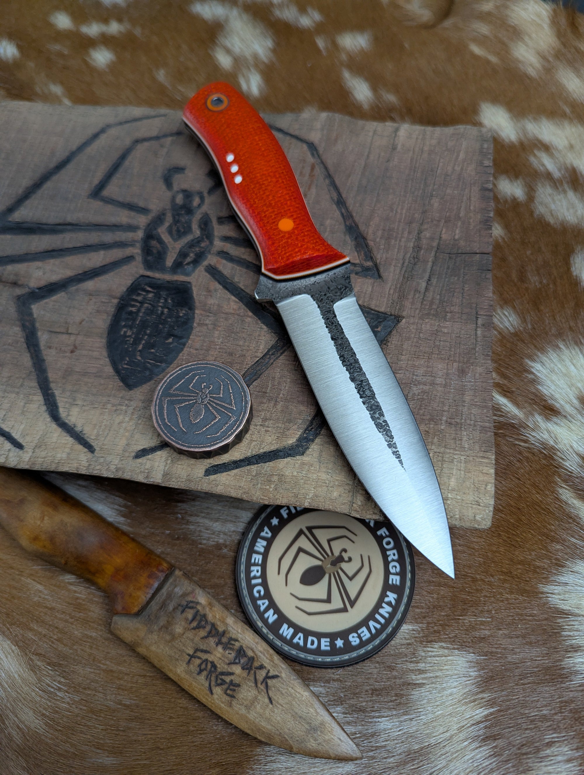 Fiddleback Forge Big Sneaky - Orange Burlap Micarta From Shadetree - A2 Steel