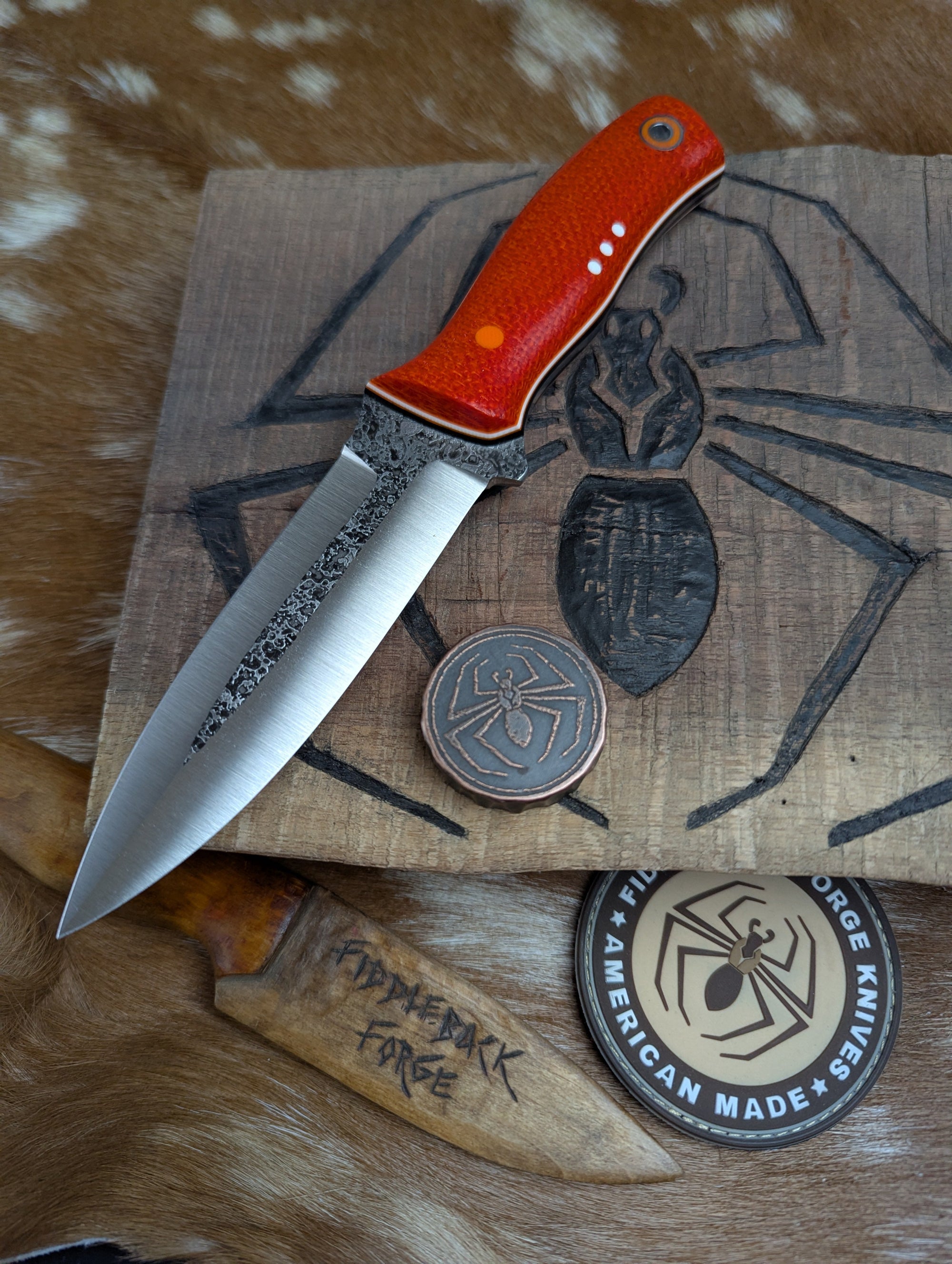 Fiddleback Forge Big Sneaky - Orange Burlap Micarta From Shadetree - A2 Steel