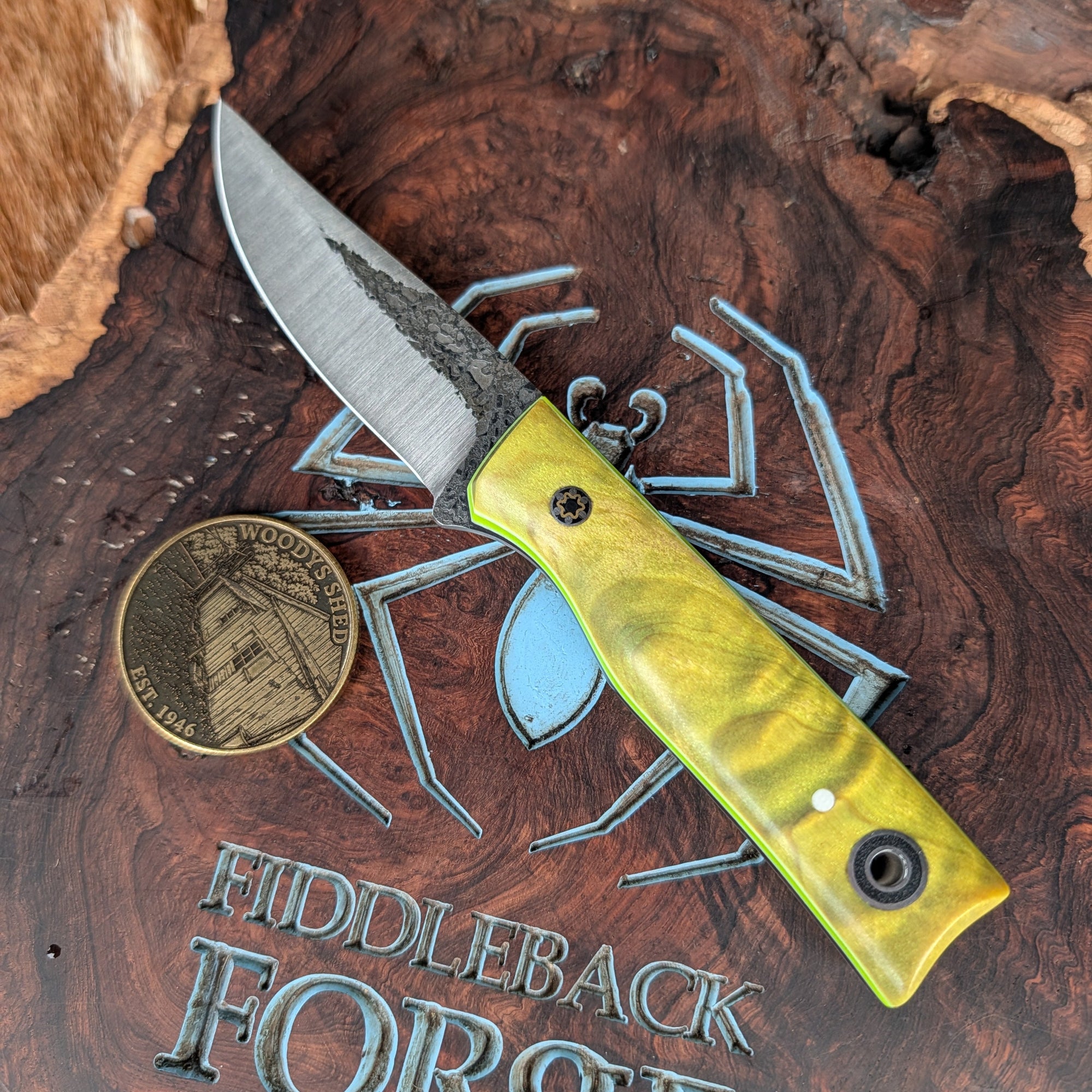 Fiddleback Forge Chickadee - Day Glo Curly Maple - Tapered A2 Steel