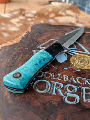 Fiddleback Forge Protagonist - Stunning Stabilized and Dyed Maple Burl - Tapered A2 Steel