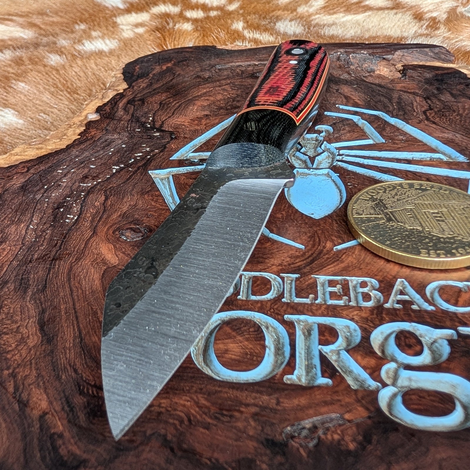Fiddleback Forge Shogun - Bolstered Black Widow Burlap Micarta - Tapered A2 Steel