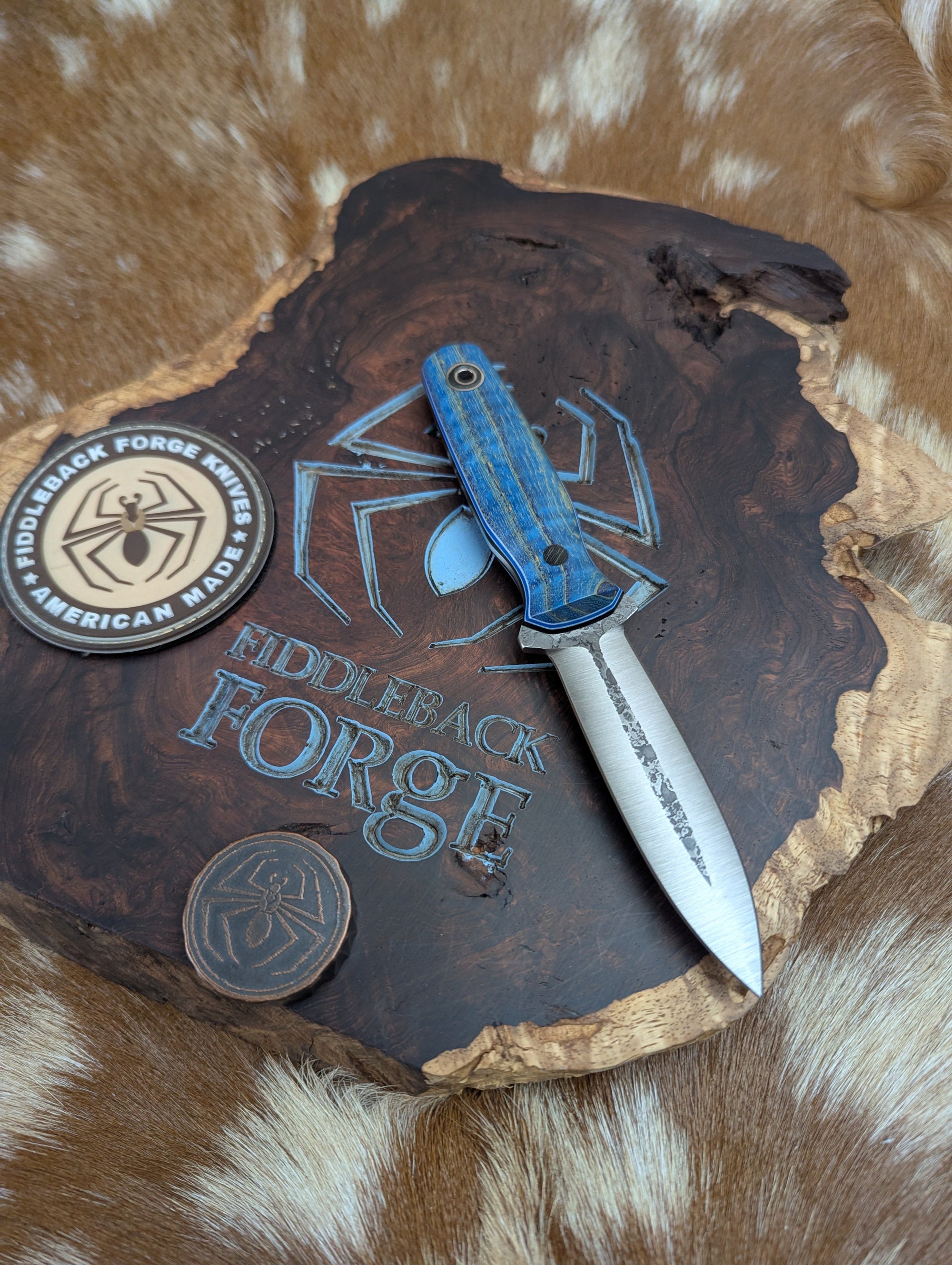Fiddleback Forge Gullet - Blue Dyed Curly Ash - Tapered A2 Steel