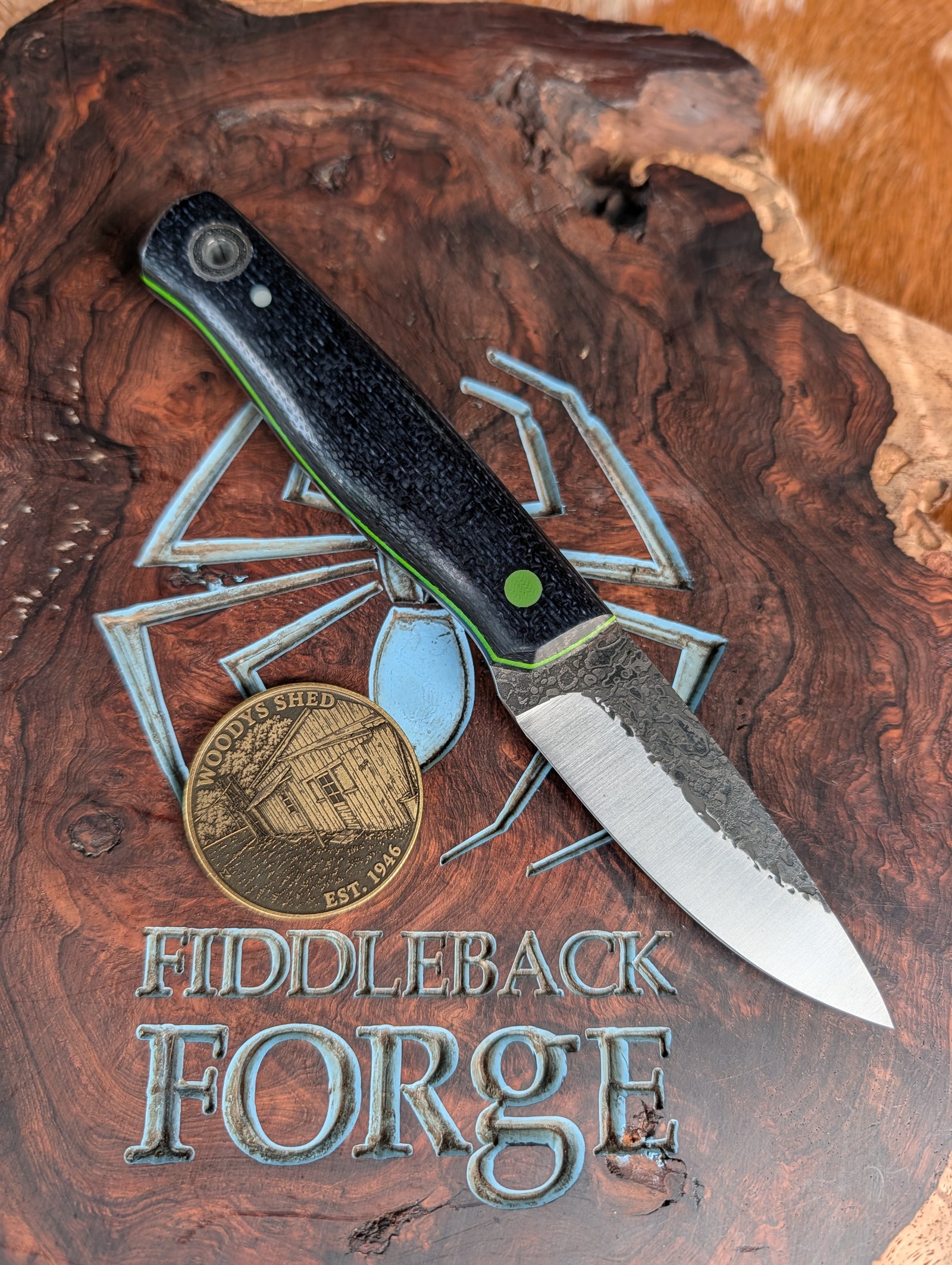 Fiddleback Forge Guardless Hiking Buddy Jr - Midnight Blue Burlap Micarta - Tapered A2 Steel