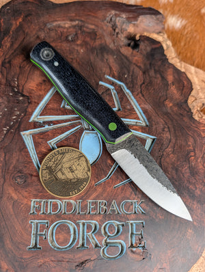 Fiddleback Forge Guardless Hiking Buddy Jr - Midnight Blue Burlap Micarta - Tapered A2 Steel