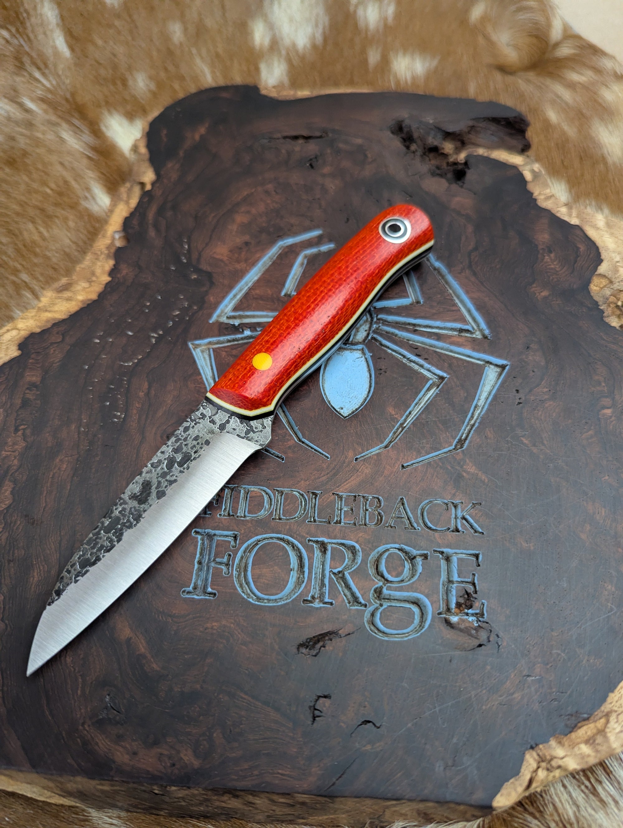 Fiddleback Forge Bushraptor - Orange Burlap Micarta - Tapered A2 Steel