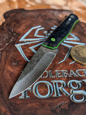 Fiddleback Forge Guardless Hiking Buddy Jr - Midnight Blue Burlap Micarta - Tapered A2 Steel