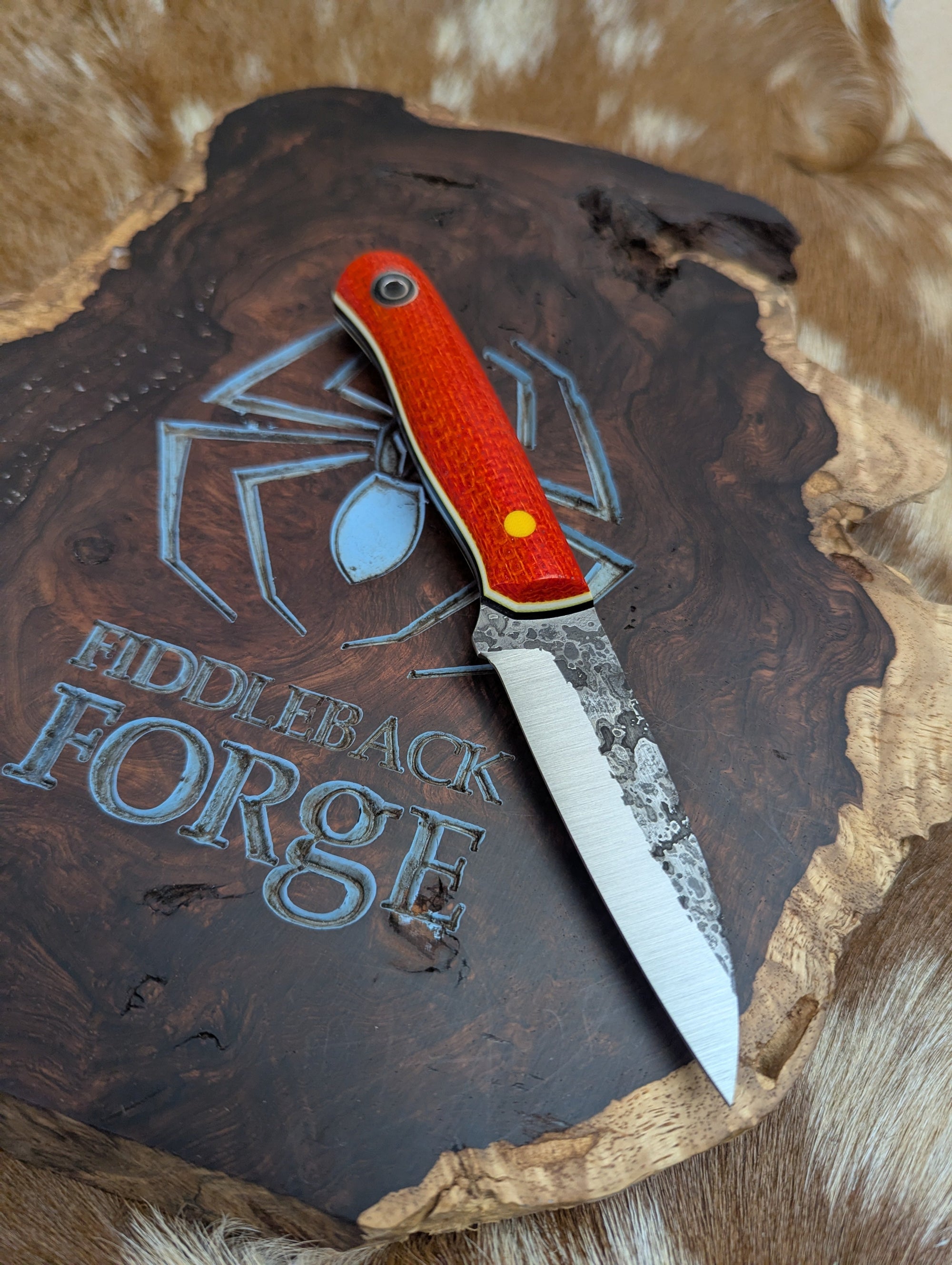 Fiddleback Forge Bushraptor - Orange Burlap Micarta - Tapered A2 Steel