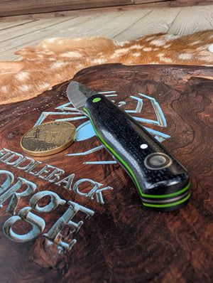Fiddleback Forge Guardless Hiking Buddy Jr - Midnight Blue Burlap Micarta - Tapered A2 Steel